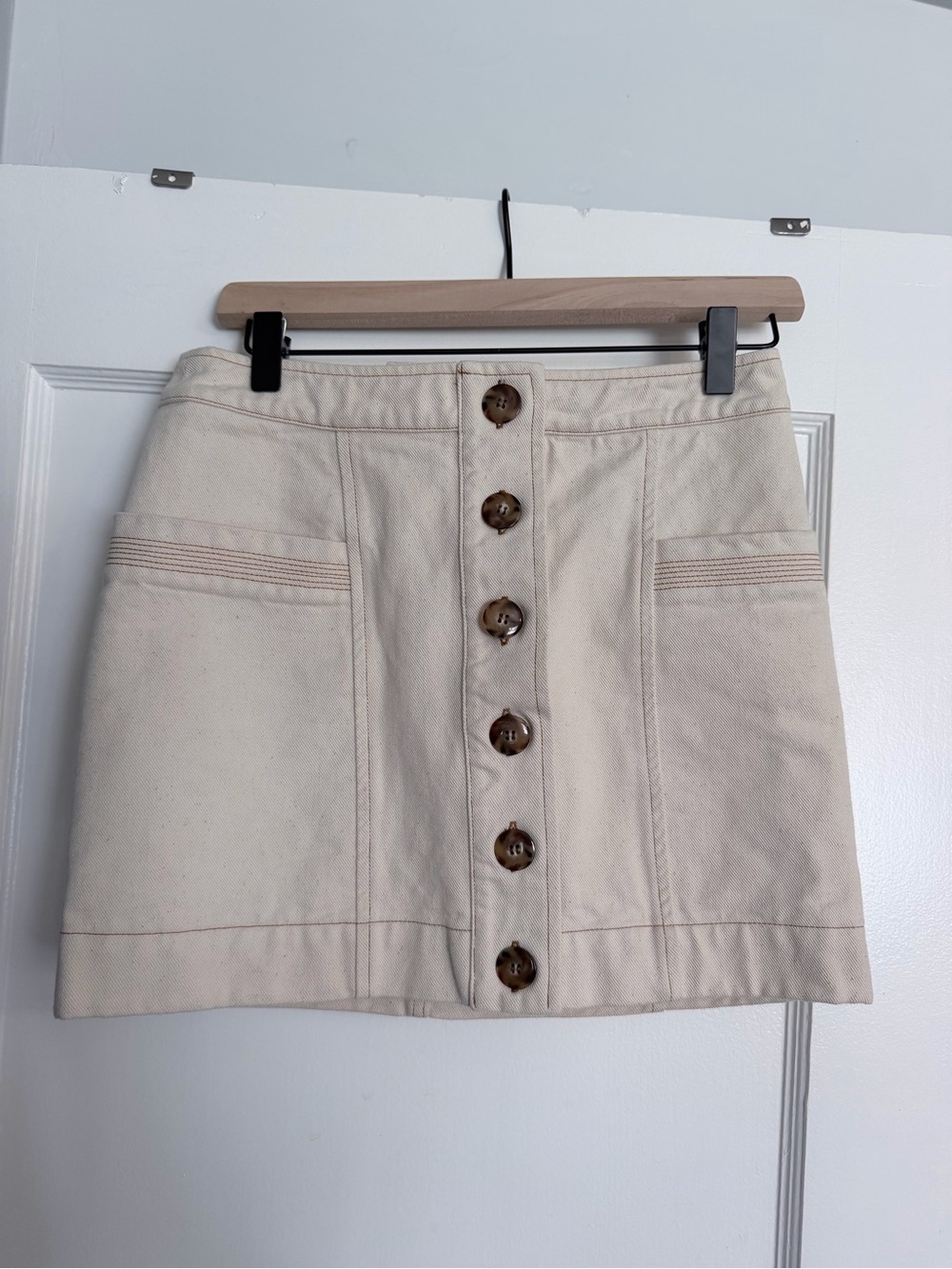 Sezane Cream Button-Front Mini Skirt with Contrast Buttons